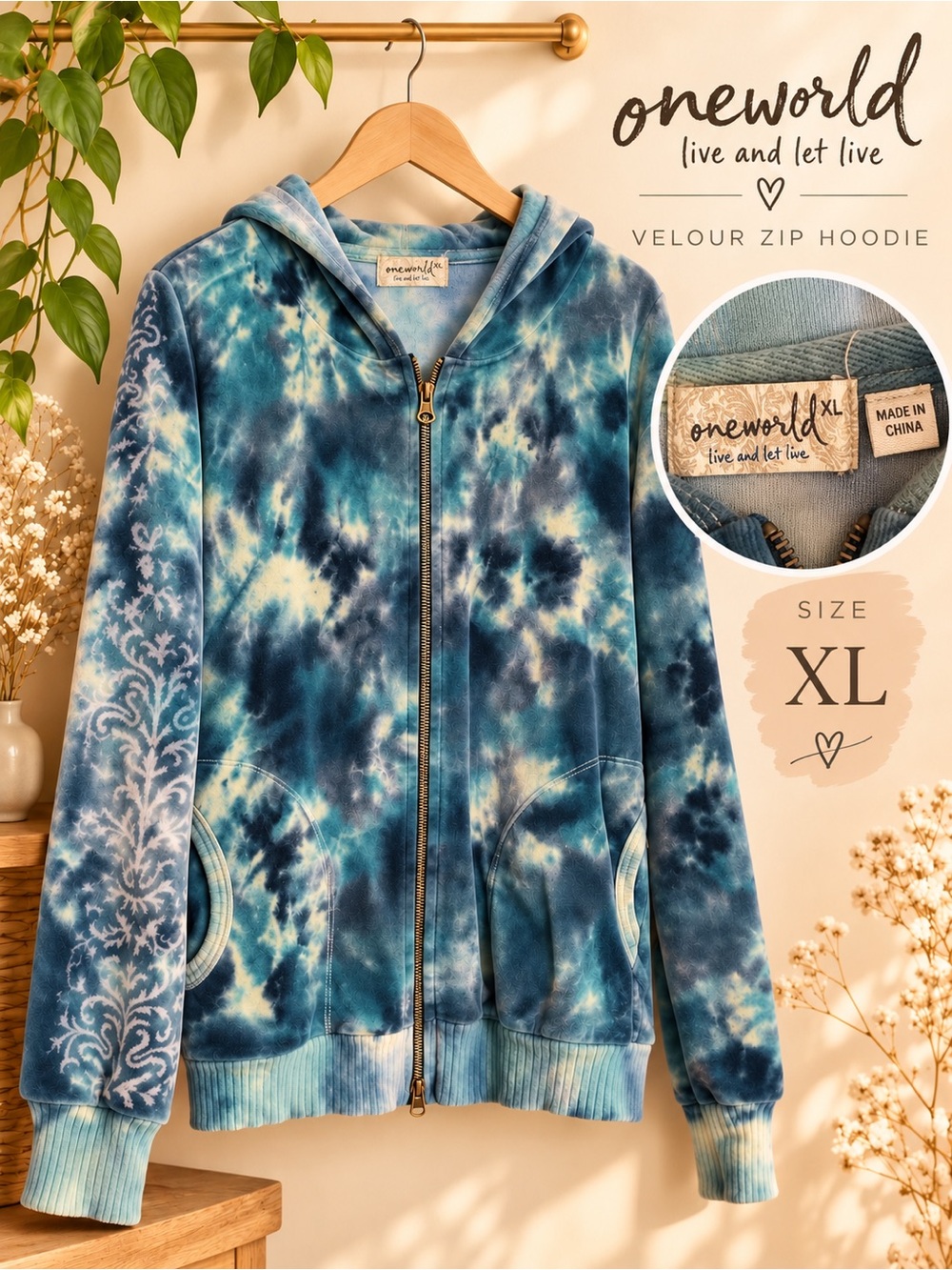 Newport News Tie Dye Velour Zip Hoodie Jacket Women’s Size XL